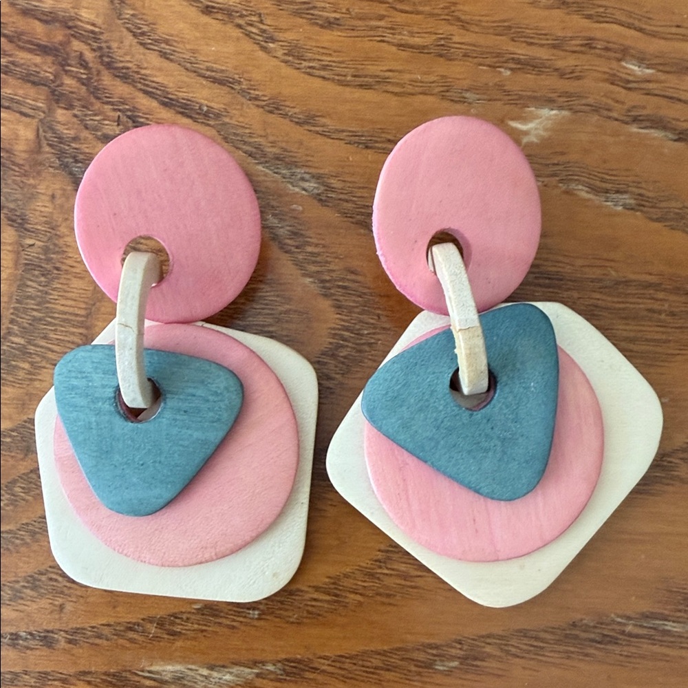 Vintage Pink Blue Cream Geometric Layered Dangle Earrings-One of a Kind!